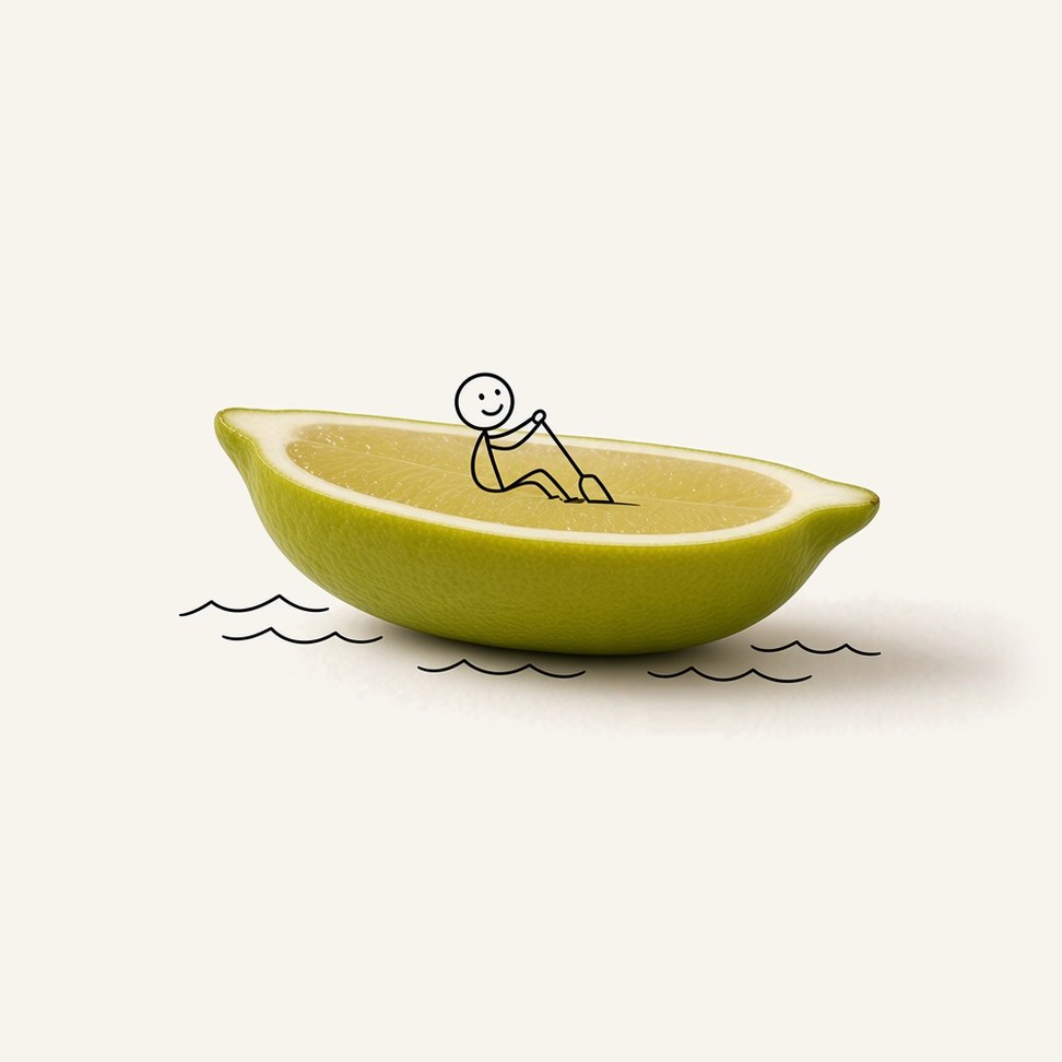 Fragrant Lemon Juice — fruit illustration with a line-drawn figure
