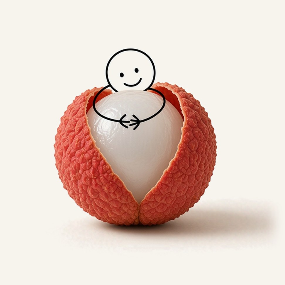 Lychee Juice — fruit illustration with a line-drawn figure