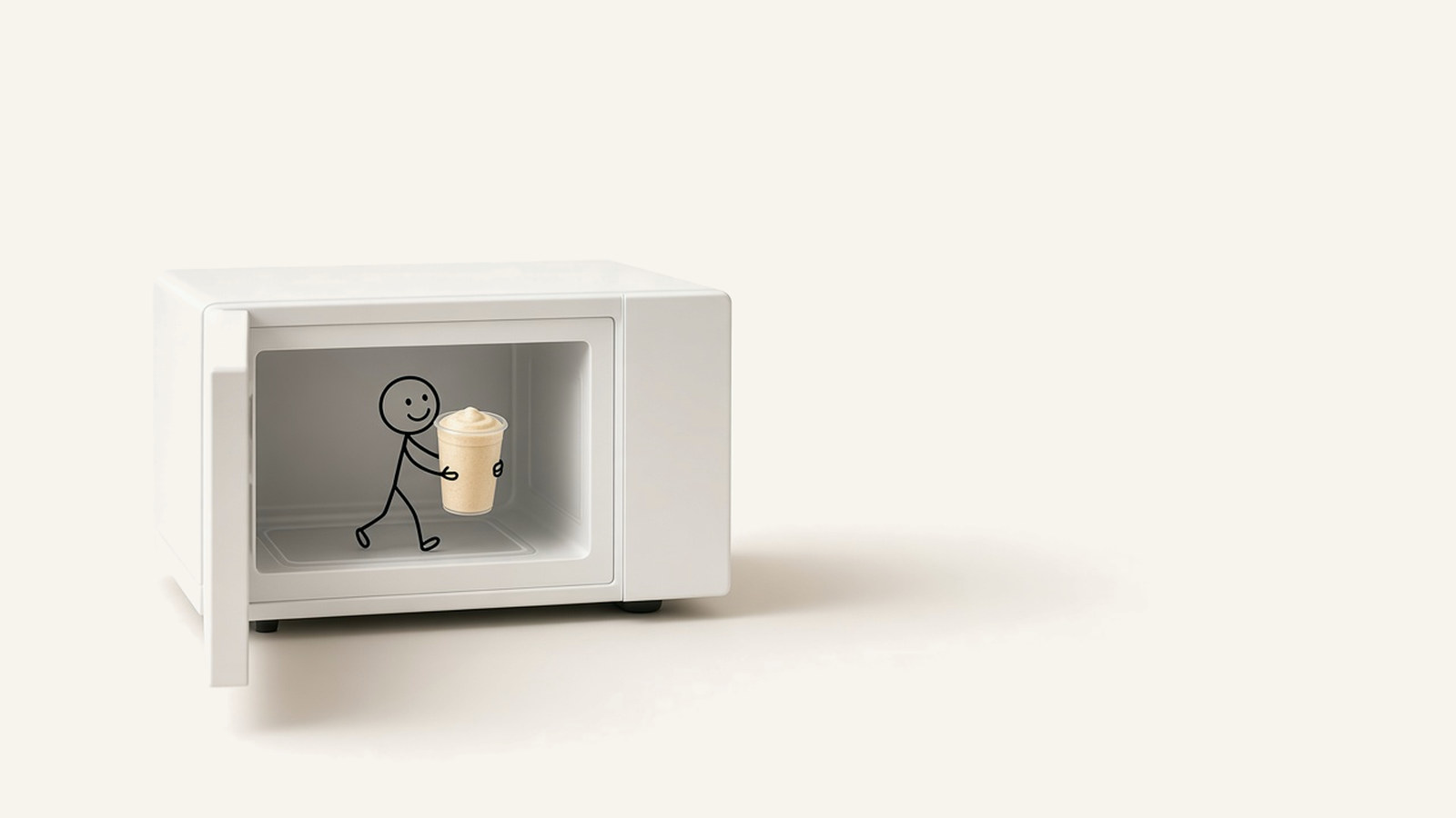Open white microwave with a line-drawn figure carrying out a cup of smoothie