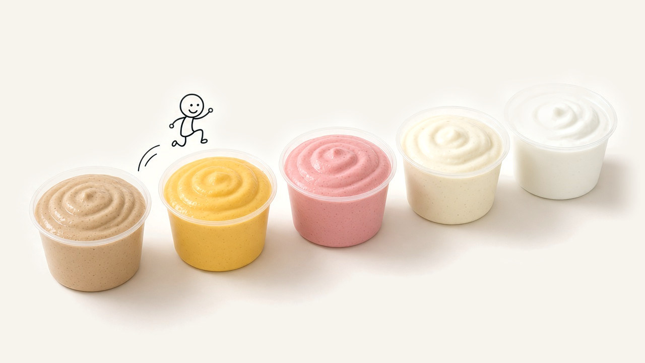 Five microwave smoothies in clear cups in a diagonal row, with a line-drawn figure hopping from cup to cup